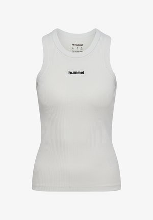 White ribbed sleeveless tank top with round neckline and black "hummel" logo centered on the chest.