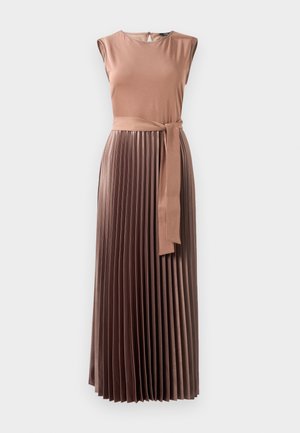Brown pleated long dress with a fitted bodice, sleeveless design, a round neckline, and a matching belt at the waist. Smooth, shiny fabric.