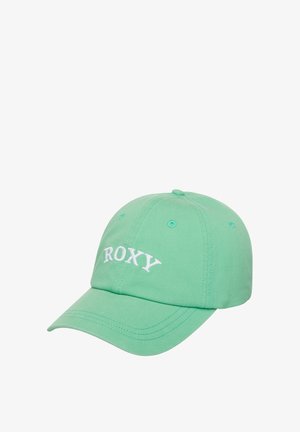 Mintgrøn baseballkasket med buet skygge og hvidt "ROXY"-logo broderet på frontpanelet, mod en ensfarvet, hvid baggrund.