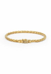 Bracciale in catena intrecciata d'oro con chiusura rettangolare incisa con il testo "Buddhato Buddha" su sfondo bianco.