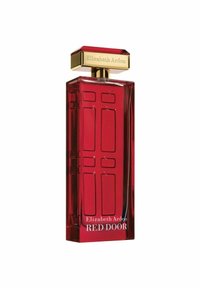 Röd glasparfymflaska formad som en dörr, med präglade paneler och en guldkapsyl med "Elizabeth Arden" ingraverat, märkt "RED DOOR."