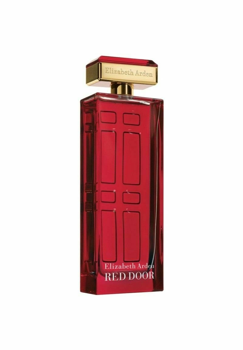 Röd glasparfymflaska formad som en dörr, med präglade paneler och en guldkapsyl med "Elizabeth Arden" ingraverat, märkt "RED DOOR."