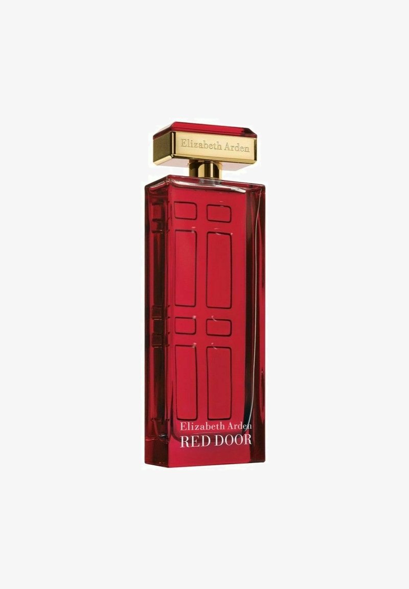Röd glasparfymflaska formad som en dörr, med präglade paneler och en guldkapsyl med "Elizabeth Arden" ingraverat, märkt "RED DOOR."