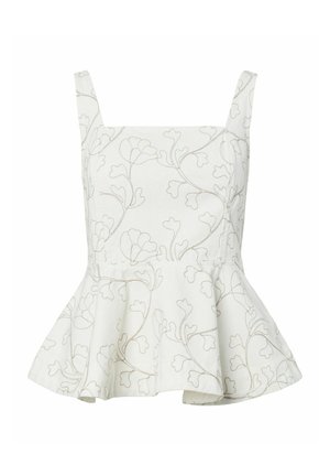 Hvit ermeløs peplum-topp med firkantet utringning og lysegrått blomster- og vintrestingmønster.