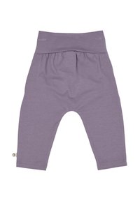 Pantaloni per neonati di un morbido lavanda con una ampia vita elastica e una vestibilità morbida sui fianchi e sulle gambe, realizzati in tessuto a costine.