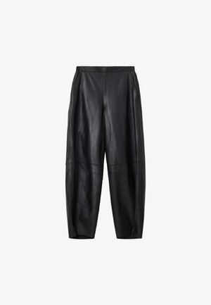 Black faux leather wide-leg pants with elastic waistband and side pockets, shown on white background.