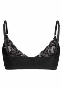Zwarte bralette met kantafwerking en een bloemenpatroon. Verstelbare bandjes en een zachte elastische band zorgen voor comfort en ondersteuning.