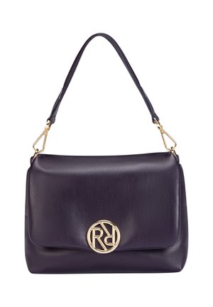 Purple leather handbag with a structured design, features a gold-tone logo accent, and a single adjustable shoulder strap.
