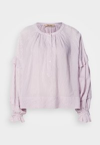  Ανοιχτό μωβ μπλούζα με κατακόρυφες λευκές ρίγες, στρογγυλή λαιμόκοψη, κλείσιμο με κουμπιά και ρυτιδωτές λεπτομέρειες στα μανίκια και στο στρίφωμα. Μαλακό, υφασματοποιημένο ύφασμα.