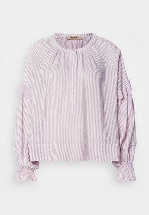 Light purple blouse with vertical white stripes, round neckline, button closure, and ruffled accents on sleeves and hem. Soft, textured fabric.