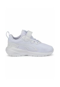 White athletic shoe with mesh upper, lace and hook-and-loop strap closure, padded collar, and rubber outsole for traction.