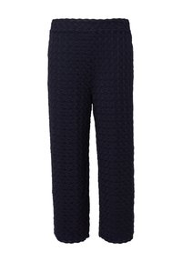 Navyblauwe, geprinte cropped broek met een gestructureerd oppervlak. Elastische tailleband en recht model, geschikt voor casual wear.