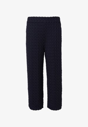 Navyblauwe, geprinte cropped broek met een gestructureerd oppervlak. Elastische tailleband en recht model, geschikt voor casual wear.