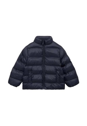 Giacca a vento navy, design corto, alto colletto, chiusura frontale con zip e due tasche frontali; texture trapuntata con imbottitura orizzontale.