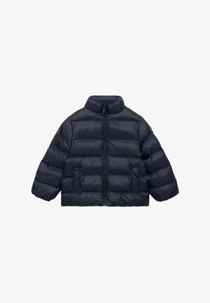 Giacca a vento navy, design corto, alto colletto, chiusura frontale con zip e due tasche frontali; texture trapuntata con imbottitura orizzontale.