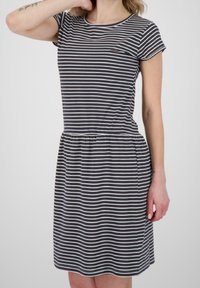 Raidallinen mekko tummansinisestä ja valkoisesta, lyhyet hihat, pyöreä pääntie, joustava vyötärö, polvipituinen, pehmeä kangas rennolla istuvuudella.