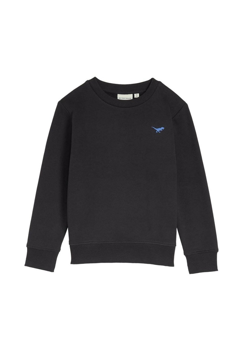 Sweatshirt noir à manches longues avec un col rond et un petit logo de dinosaure bleu sur la poitrine gauche.