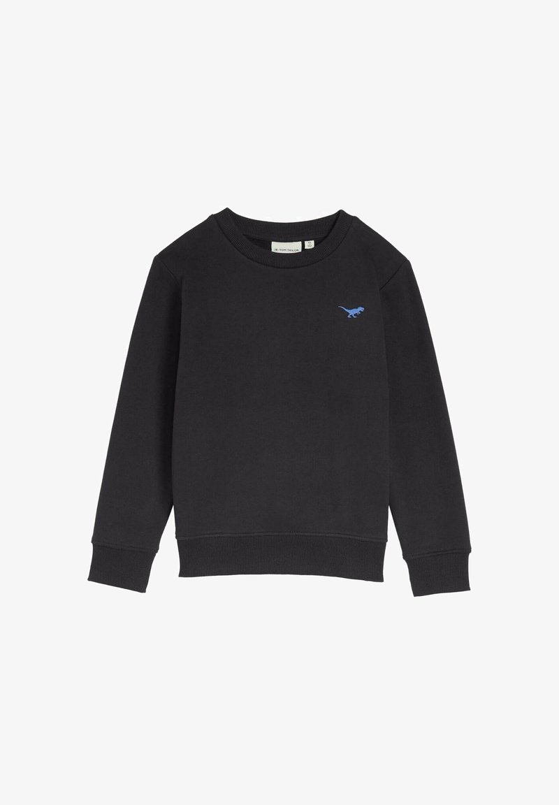 Fekete, hosszú ujjú pulóver, kör alakú nyakkivágással és kicsi kék dinoszaurusz logóval a bal mellen.