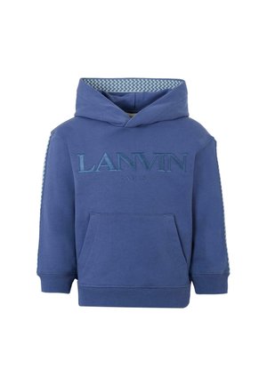 Niebieska dziecięca bluza z kapturem z haftem "LANVIN PARIS" na przodzie, podszewka kaptura w wzór zygzak oraz kieszeń kangurzą z przodu.