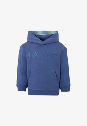 Felpa blu per bambino con la scritta "LANVIN PARIS" ricamata sul davanti, fodera del cappuccio a motivo chevron e tasca kangaroo frontale.