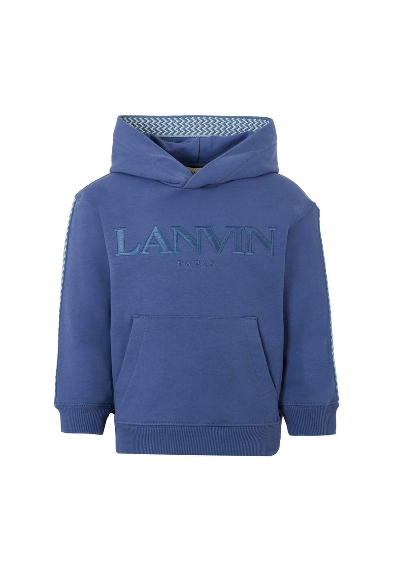 Felpa blu per bambino con la scritta "LANVIN PARIS" ricamata sul davanti, fodera del cappuccio a motivo chevron e tasca kangaroo frontale.
