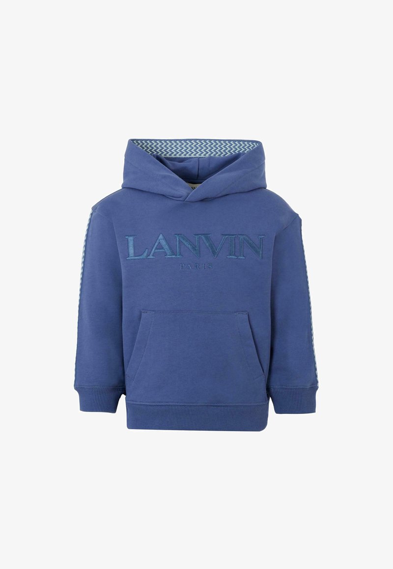 Blauwe kinderhoodie met "LANVIN PARIS" geborduurd op de voorkant, een chevron-patronen voering in de capuchon en een voorste kangoeroezak.