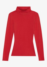 Rød langærmet turtleneck-top lavet af blødt, strækbart stof med et tætsiddende design og en glat tekstur, der har en høj hals og en enkel kant.