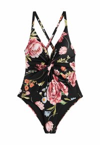 Costume da bagno intero floreale con sfondo nero, spalline incrociate e dettagli a spirale sul davanti, arricchito da motivi di fiori rosa e bianchi.