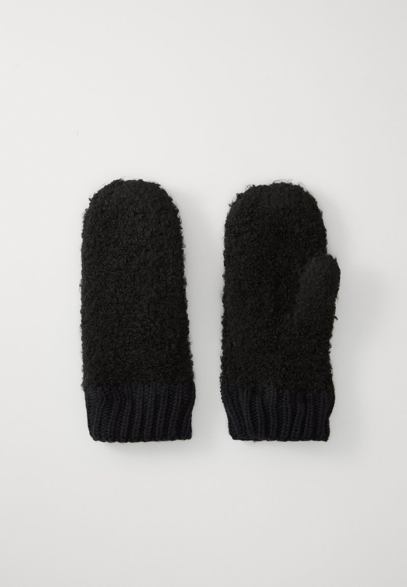 Moufles noires avec un extérieur texturé et duveteux et des poignets tricotés navy. Présentent des bouts arrondis, offrant une couverture complète de la main.