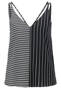 Svart och vit linne med djup V-ringning, tunna axelband och ett blandat randigt mönster: horisontella ränder på ena sidan, vertikala på den andra.