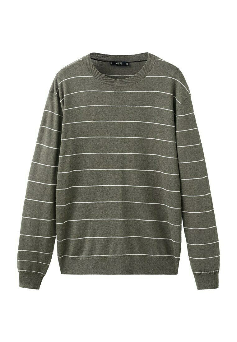 Pull col rond vert olive avec fines rayures horizontales blanches, manches longues, poignets et ourlet côtelés.