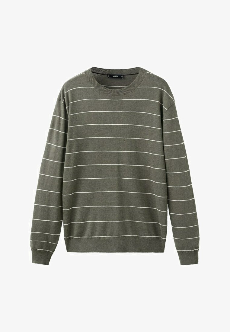 Pull col rond vert olive avec fines rayures horizontales blanches, manches longues, poignets et ourlet côtelés.