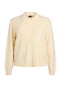 Light yellow cardigan made of soft, textured fabric with a collar, front buttons, and ribbed cuffs. Features a relaxed fit design.