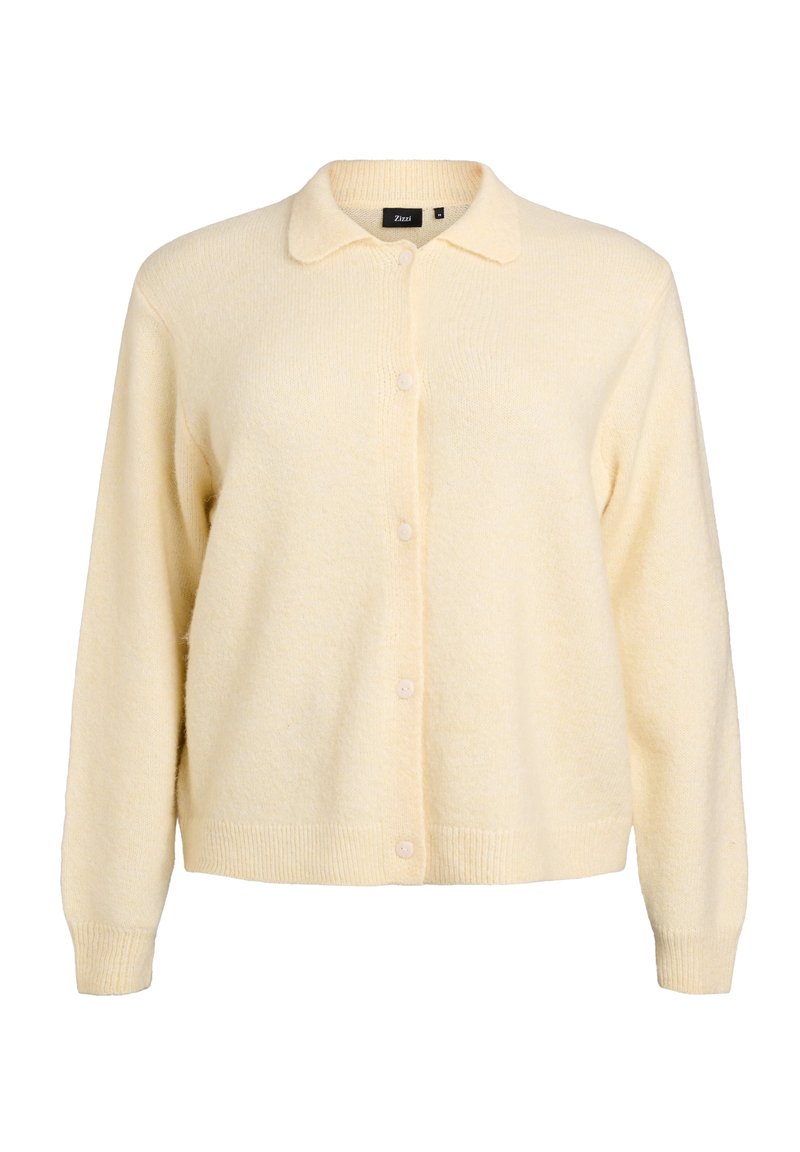 Light yellow cardigan made of soft, textured fabric with a collar, front buttons, and ribbed cuffs. Features a relaxed fit design.