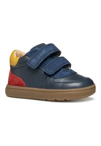 Sneaker blu e navy con cinturini in velcro, materiali in pelle e scamosciato, pannelli perforati e dettagli rosso e giallo sul tallone.