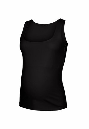 Zwarte zwangerschaps tanktop, mouwloos, gemaakt van gladde stof, met een vierkante halslijn en een getailleerde vorm die is ontworpen voor een groeiende buik.