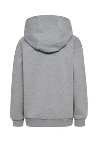 Szara bluza z kapturem, widok z tylu, wykonana z miękkiego materiału, z ściągaczami na rękawach i luźnym krojem. Minimalistyczny design bez widocznych logo.