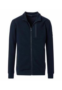 Marineblå zip-up jakke i struktureret stof, med høj krave, frontlynlås og en brystlomme med en rektangulær klap.
