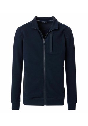 Marineblå zip-up jakke i struktureret stof, med høj krave, frontlynlås og en brystlomme med en rektangulær klap.