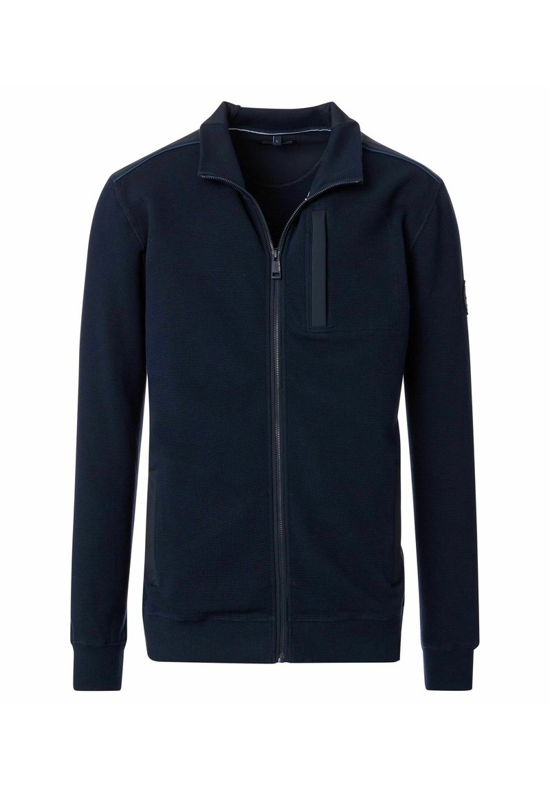 Marineblå zip-up jakke i struktureret stof, med høj krave, frontlynlås og en brystlomme med en rektangulær klap.