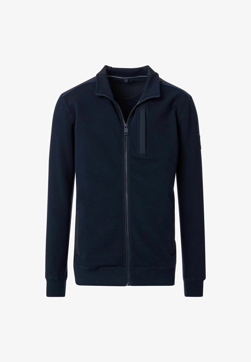 Marineblaue Zip-Jacke aus strukturiertem Material, mit hohem Kragen, Vorderreißverschluss und einer Brusttasche mit rechteckiger Klappe.