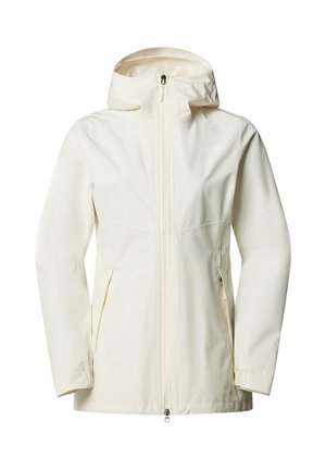 Giacca impermeabile con cappuccio color crema, con cerniera frontale e due tasche laterali con cerniera, progettata per l'uso all'aperto.