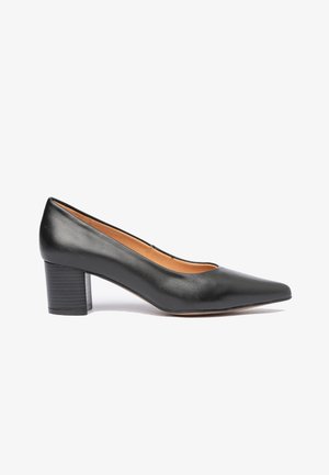 Zapato de charol negro con punta afilada y un tacón cuadrado moderado. Textura suave con un diseño elegante, que presenta una silueta simple.