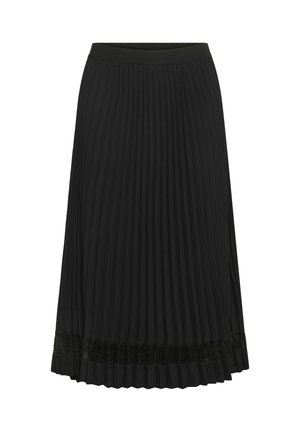 Zwarte geplisseerde rok met een gestructureerde stof, een elastische tailleband en een decoratieve zwarte kanten rand aan de onderkant.