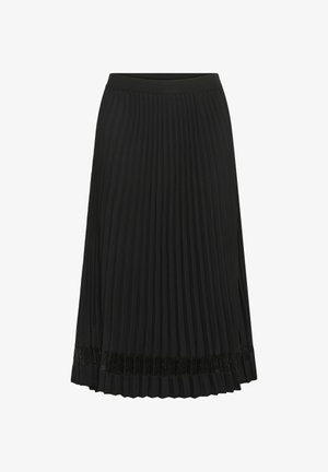 Fekete, redőzött szoknya textúrált anyagból, rugalmas derékkal és díszes fekete csipkeszegéllyel az alján.