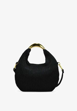 Bolso de hombro negro con textura, asa curva de tono dorado y correa desmontable sobre fondo blanco.