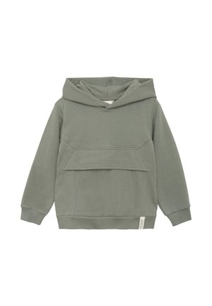 Sudadera verde fabricada con tela suave, que cuenta con un bolsillo canguro, un diseño de dobladillo distintivo y puños acanalados.