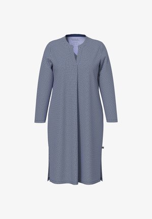 Langarmige jurk in marineblauw met een diamanten patroon, voorzien van een V-hals, zijsplitten en een opening aan de voorkant voor comfort en gemak.