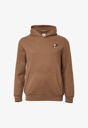 Bruine hoodie gemaakt van zachte stof met een kangaroozak, geribde manchetten en een geborduurd Snoopy-ontwerp op de borst.