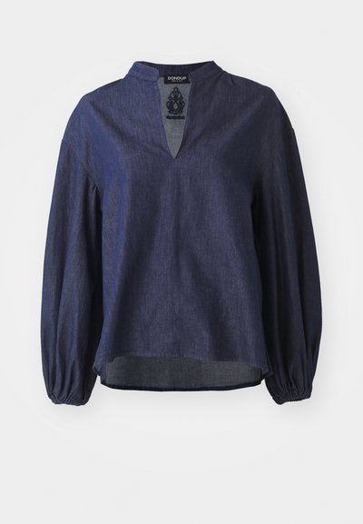 Dunkelblaues, langärmeliges Shirt aus strukturiertem Denim, mit einem gespaltenen Rundhalsausschnitt und gerafften Bündchen in einem lässigen Schnitt.